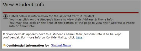 Screen shot showing confidential flag for student information.